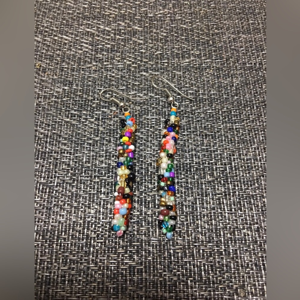 Hand beaded multicolored drop earrings.